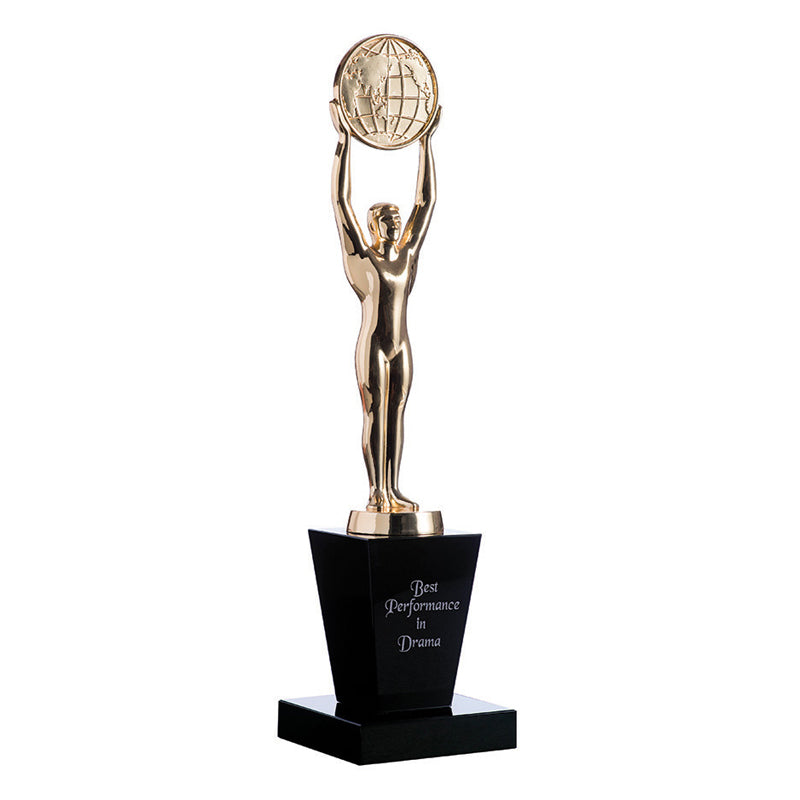 Gold oscar figurine with globe on black crystal base