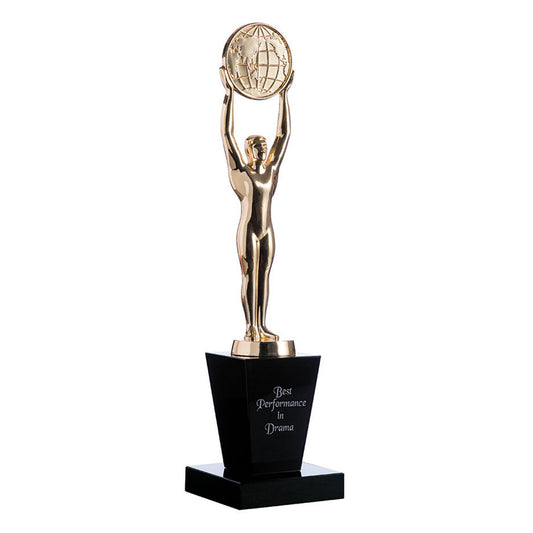 Gold oscar figurine with globe on black crystal base